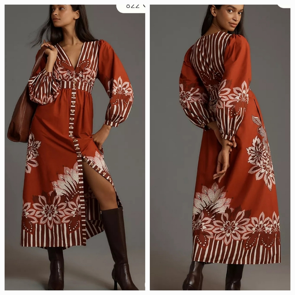 FARM Rio Rust and White Floral Midi Dress